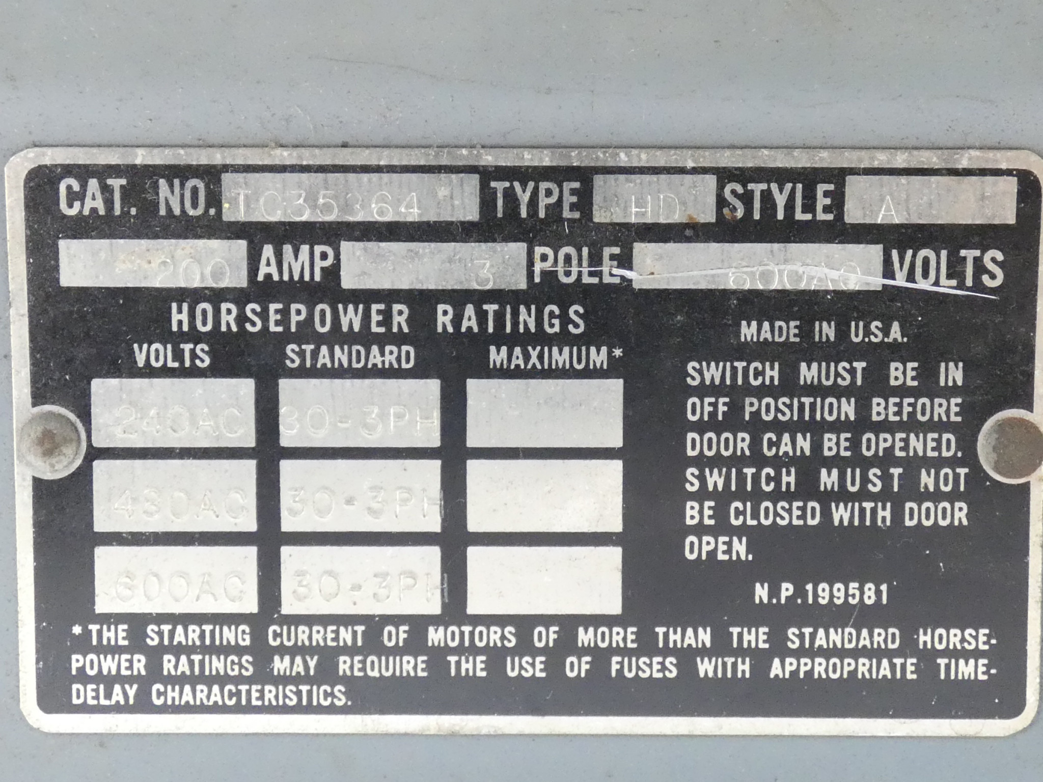 General Electric TC35364 Safety Switch 200A 3P 600VAC Type HD Style A - Image 5
