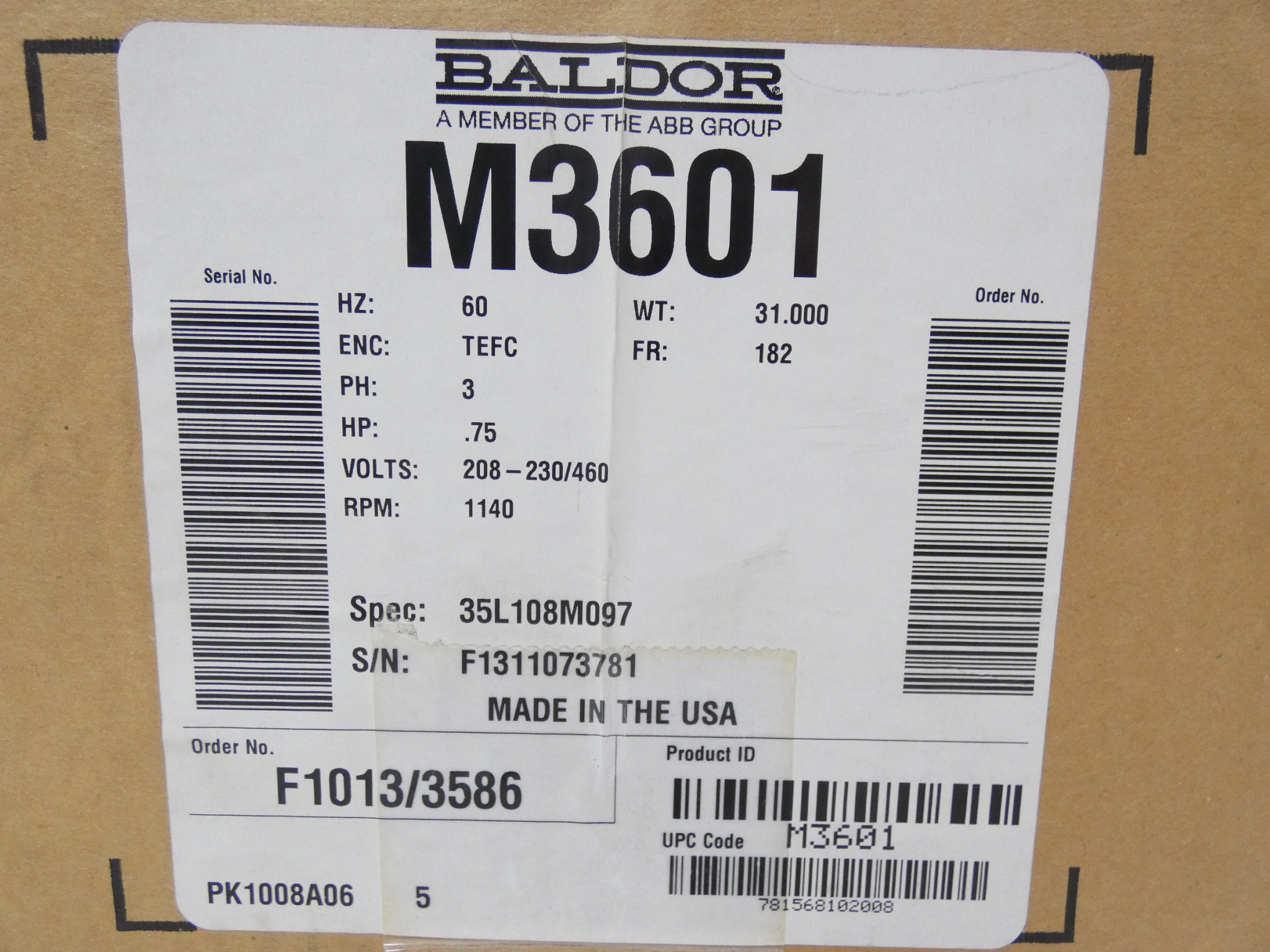 .75HP Reliance Baldor M3601 Motor 1140RPM 182 Frame 3PH TEFC - Image 5