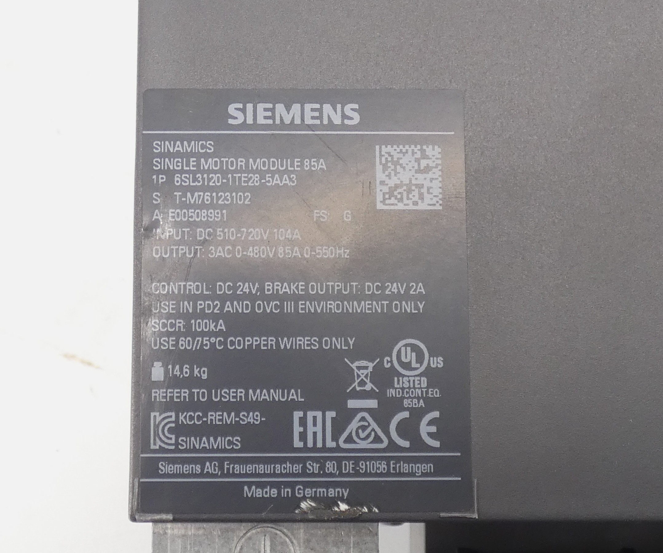 Siemens 6SL3120-1TE28-5AA3 Sinamics Single Motor Module 85A