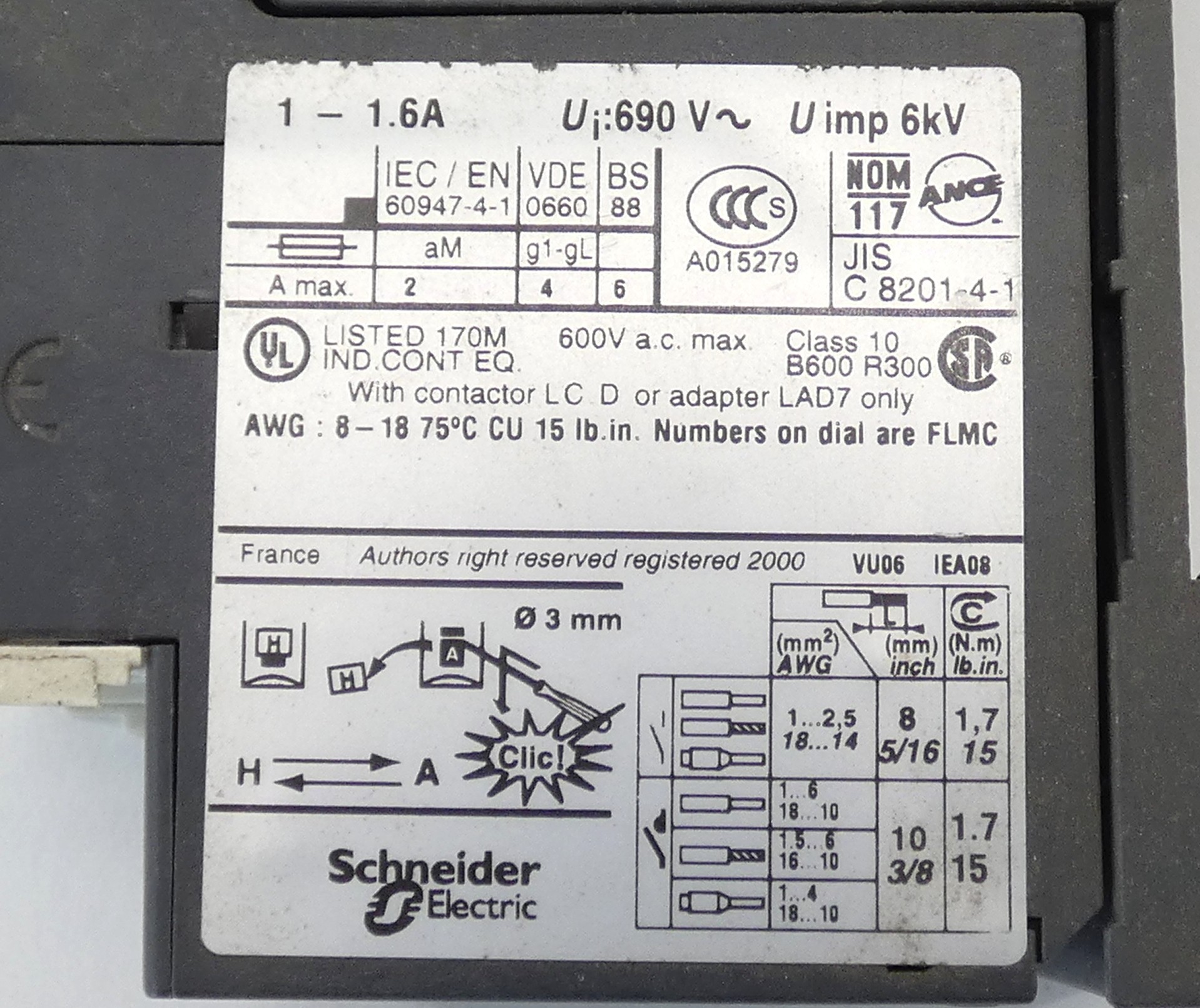 Schneider Electric LAD7B106 Terminal Block w/ LRD 06 Overload Relay 6A 690V - Image 6
