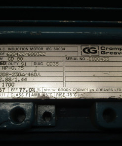 Alternative view of 0.75HP Brook Crompton Greaves Induction AC Motor GD80 3PH 208-230/460V 6204ZZ