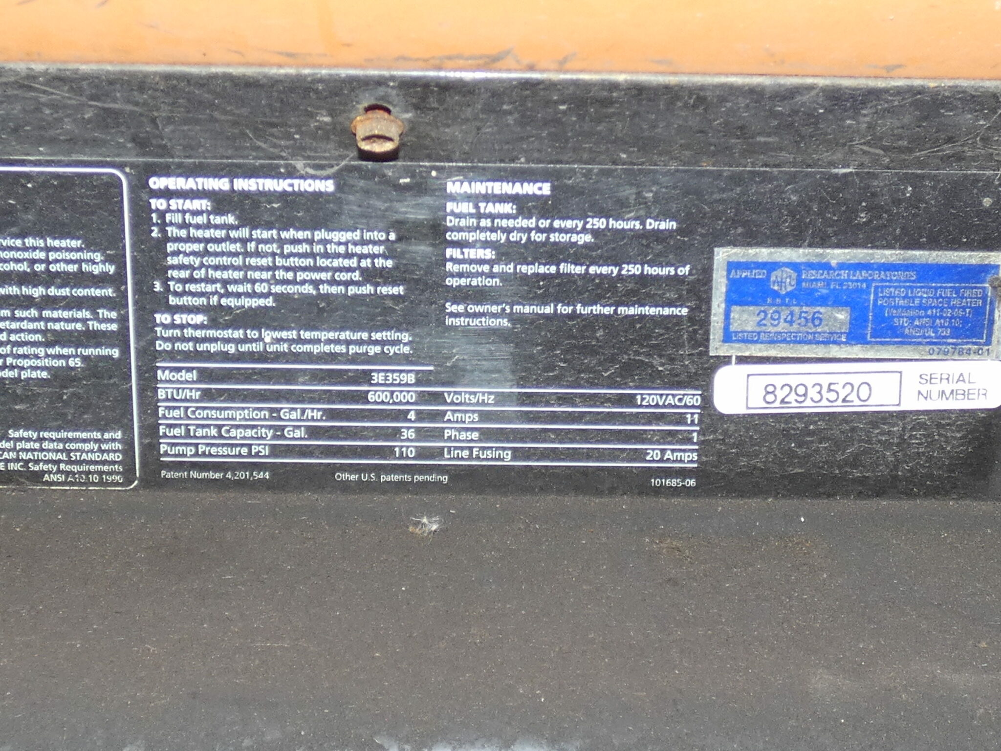 Dayton 3E359B Portable High Pressure Oil-Fired Heater, 600,000 BTU, 36 Gallon Tank Capacity, 2500SCFM - Image 9