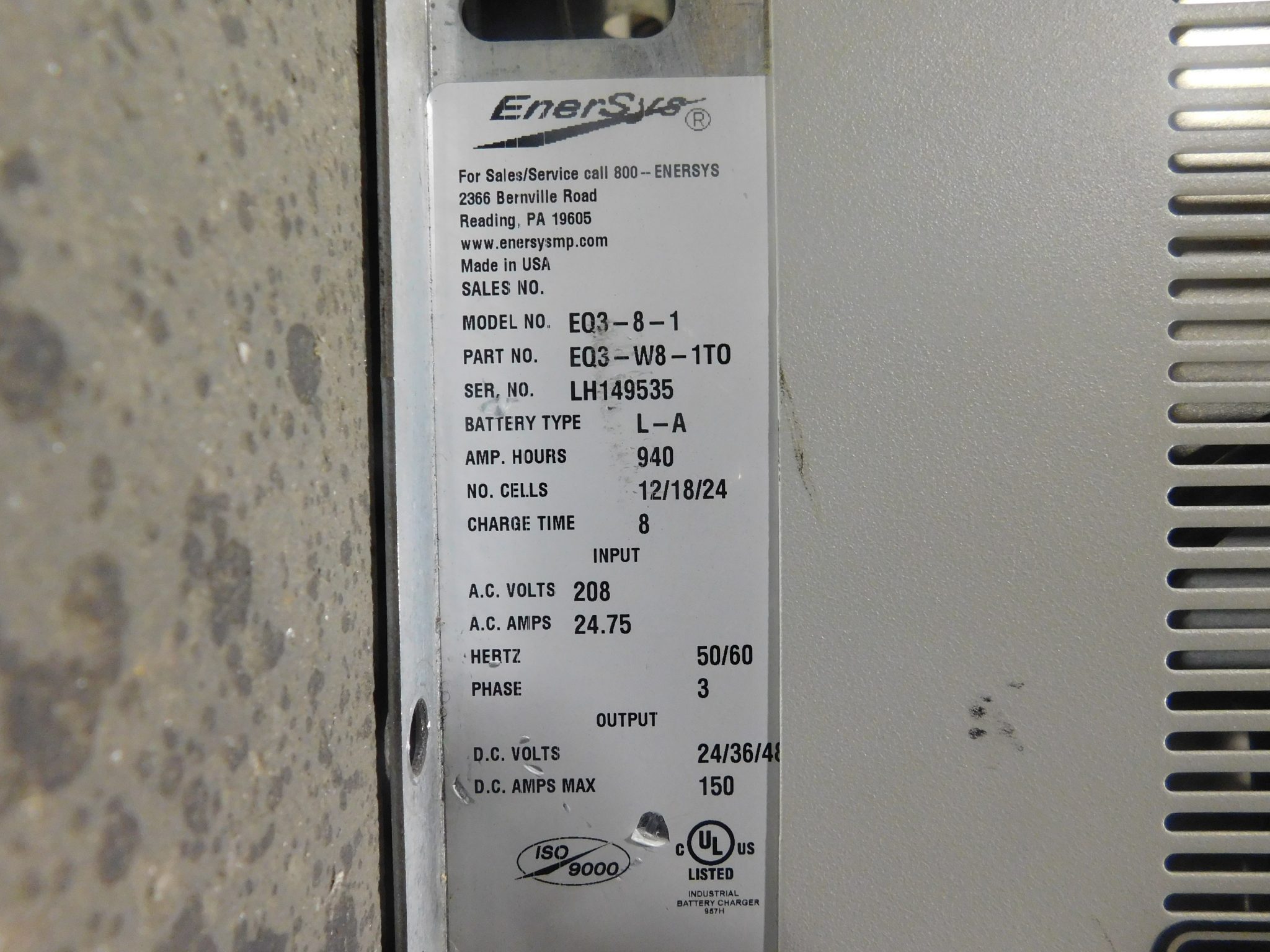 Enersys Enforcer HFIQ EQ3-8-1 Fork Truck Battery Charger, EQ3-W8