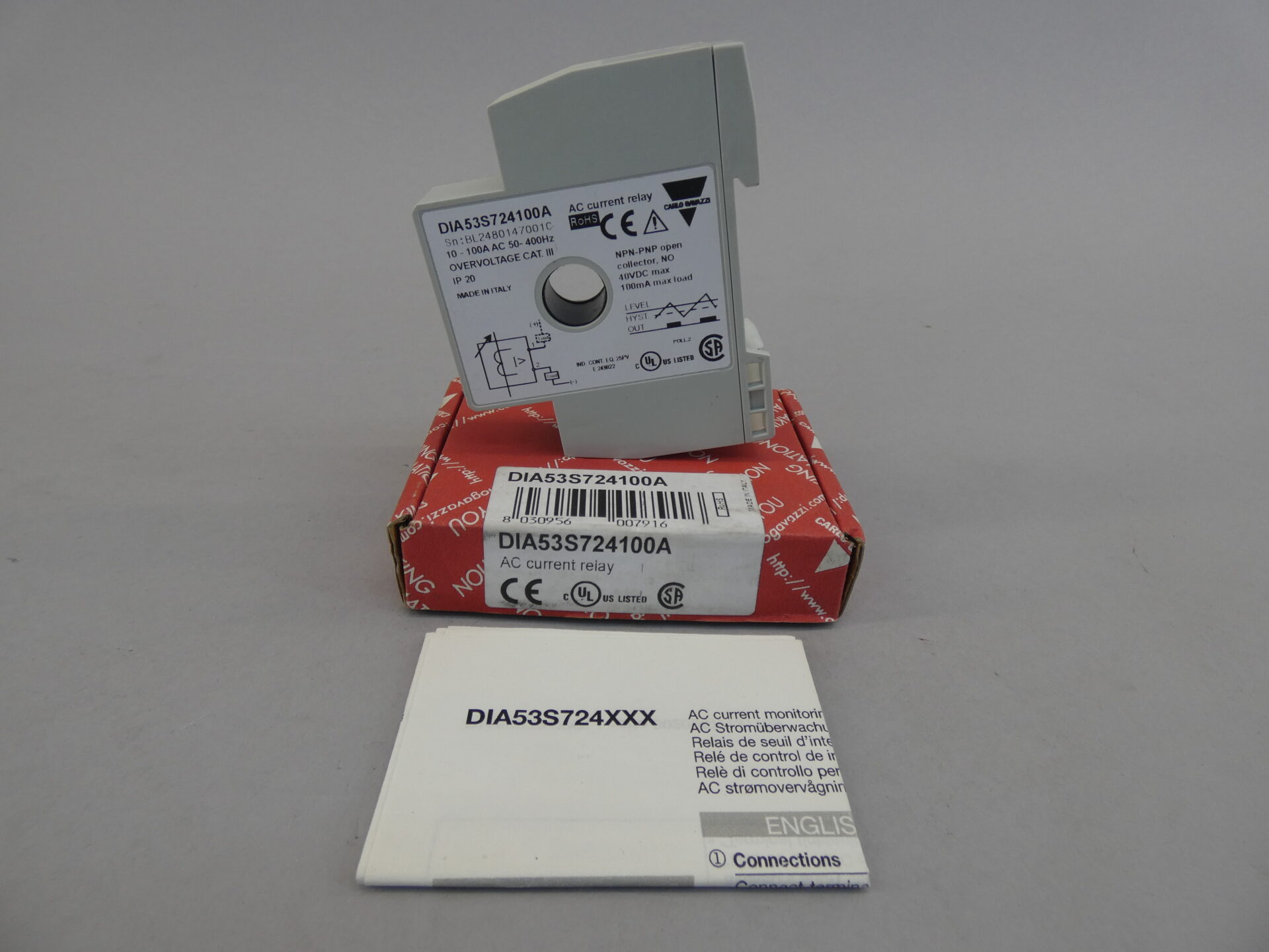 Carlo Galazzi DIA53S724100A AC Current Monitoring Relay, 10 to 100AC, 50 to 400Hz, 100mA, 1PH