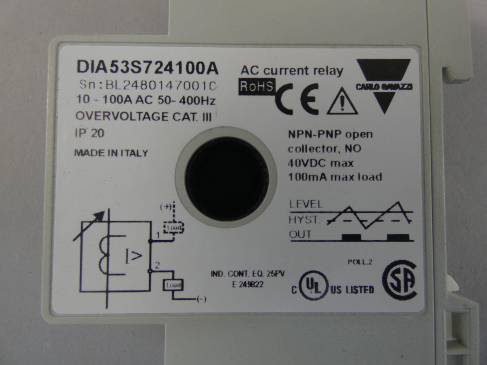 Carlo Galazzi DIA53S724100A AC Current Monitoring Relay, 10 to 100AC, 50 to 400Hz, 100mA, 1PH - Image 2