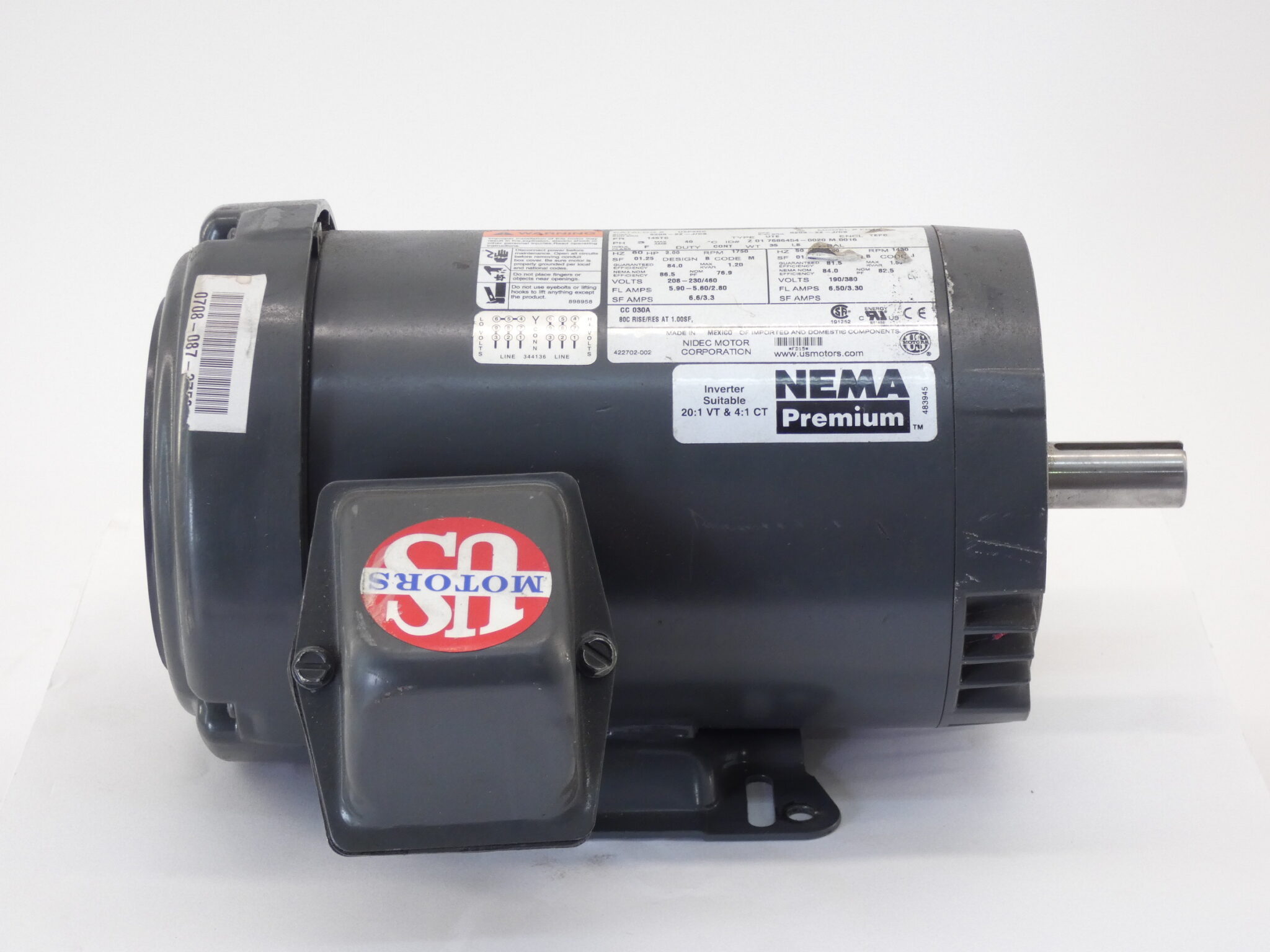 2HP Nidec US Motors U2P2DC 230/460V 3PH 1750RPM 145TC - Image 2