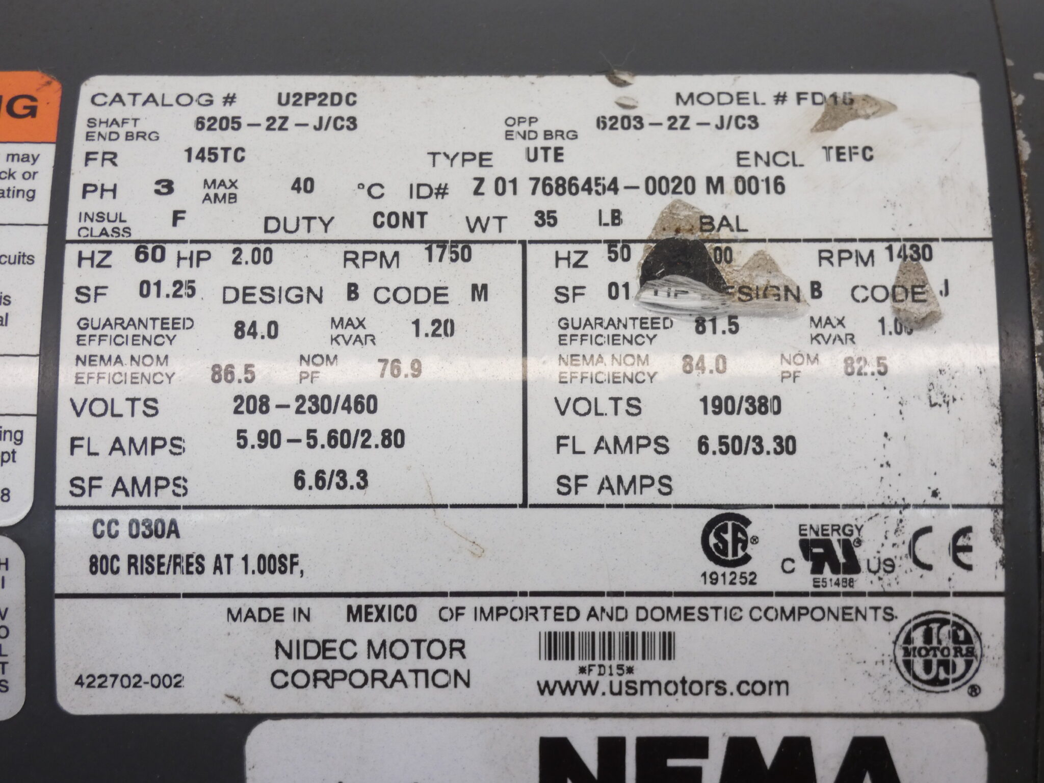 2HP Nidec US Motors U2P2DC 230/460V 3PH 1750RPM 145TC - Image 3