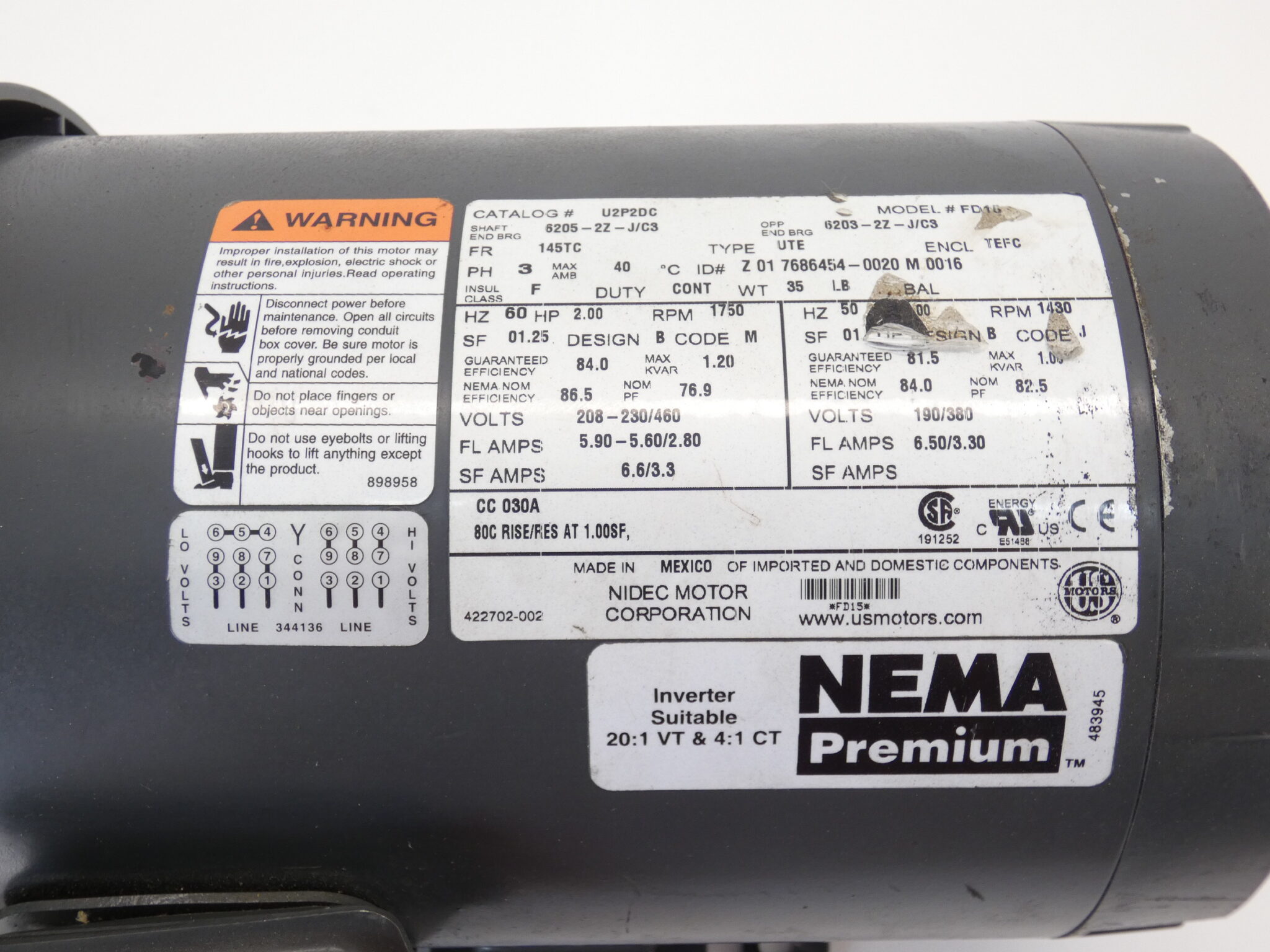 2HP Nidec US Motors U2P2DC 230/460V 3PH 1750RPM 145TC - Image 9